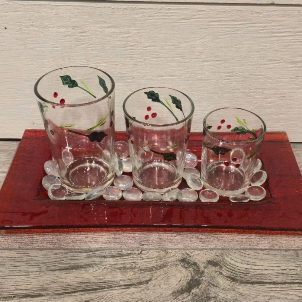 Pfaltzgraff Winterberry Three Glass Votive Candle Holder vintage Christmas Decor - Picture 4 of 12